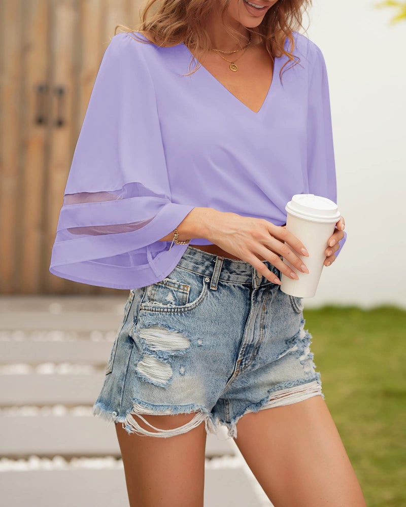 LookbookStore Women Vneck Mesh Panel Light Purple T Shirts for Women V Neck Casual V Neck 3/4 Flared Bell Sleeve Blouse Loose Business Work Blouse and Tops Size Large - Image 5